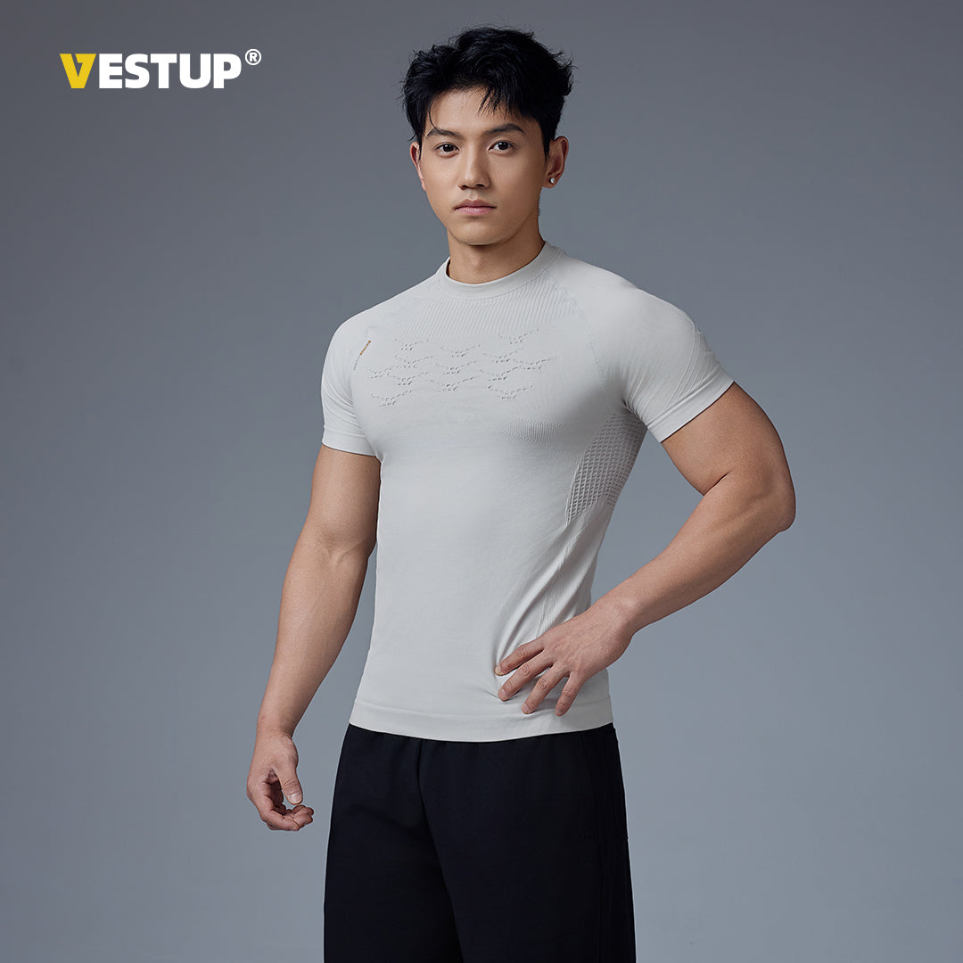 Vest Up seamless fitness T-shirt for men's summer, lightweight, breathable, round neck, elastic training, tight fitting short sleeved top