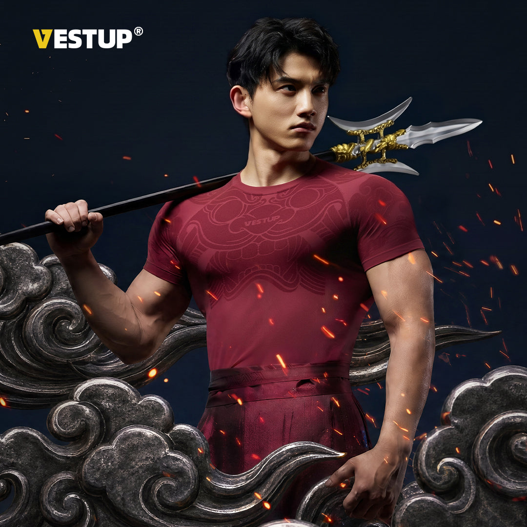 Vest Up National Style Lion Armor Seamless Sports Fitness T-shirt Men's Summer Breathable Moisture wicking Short Sleeve Top