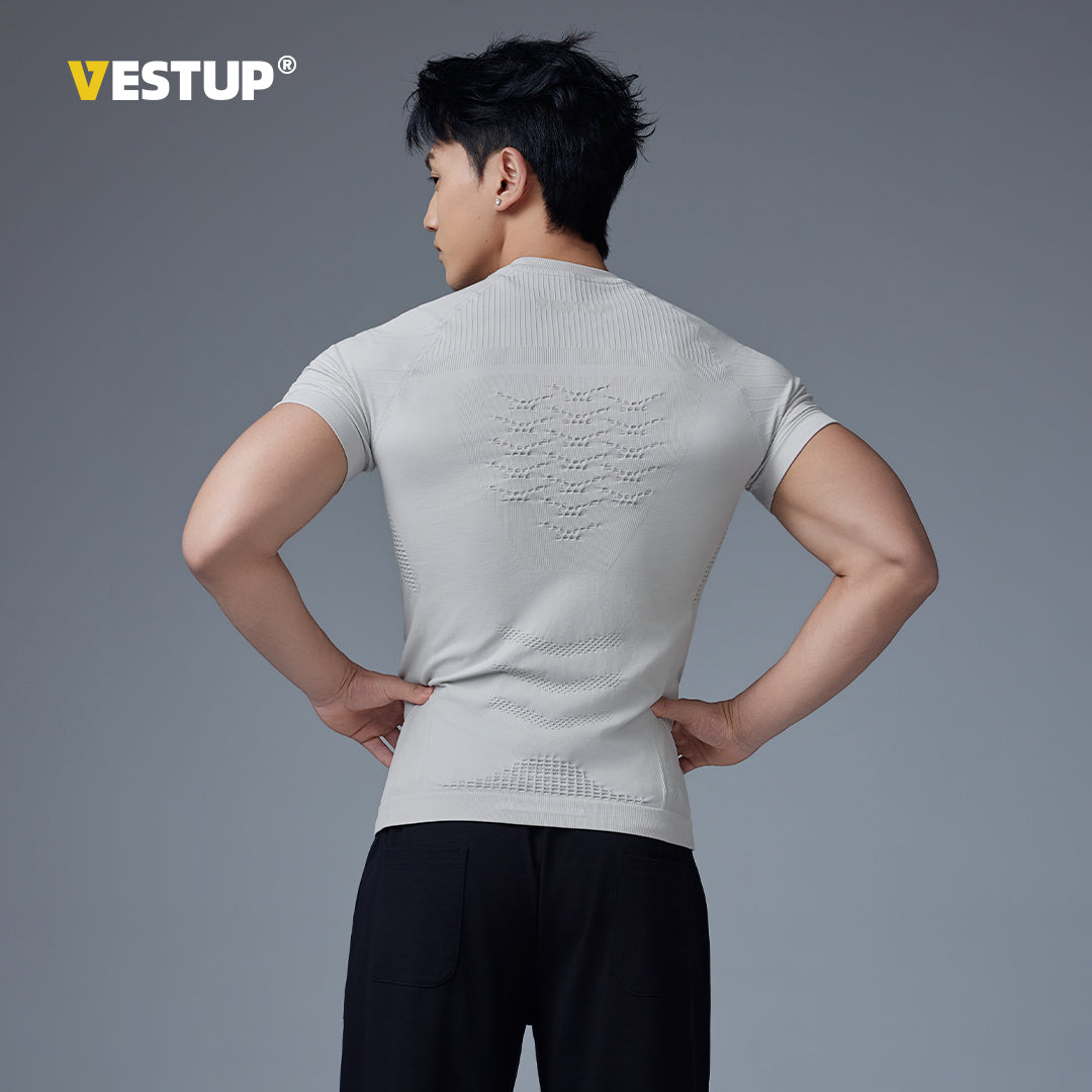 Vest Up seamless fitness T-shirt for men's summer, lightweight, breathable, round neck, elastic training, tight fitting short sleeved top