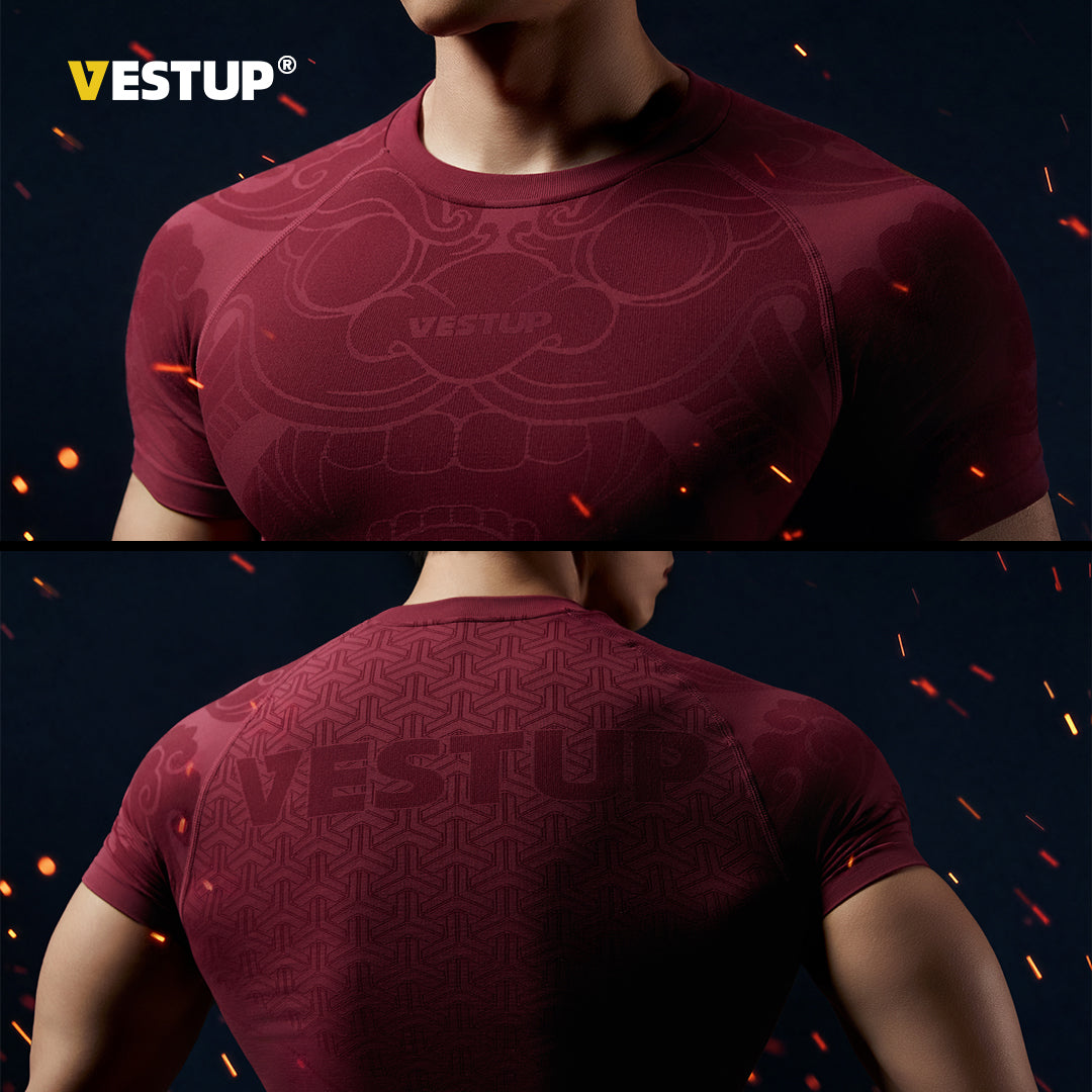 Vest Up National Style Lion Armor Seamless Sports Fitness T-shirt Men's Summer Breathable Moisture wicking Short Sleeve Top