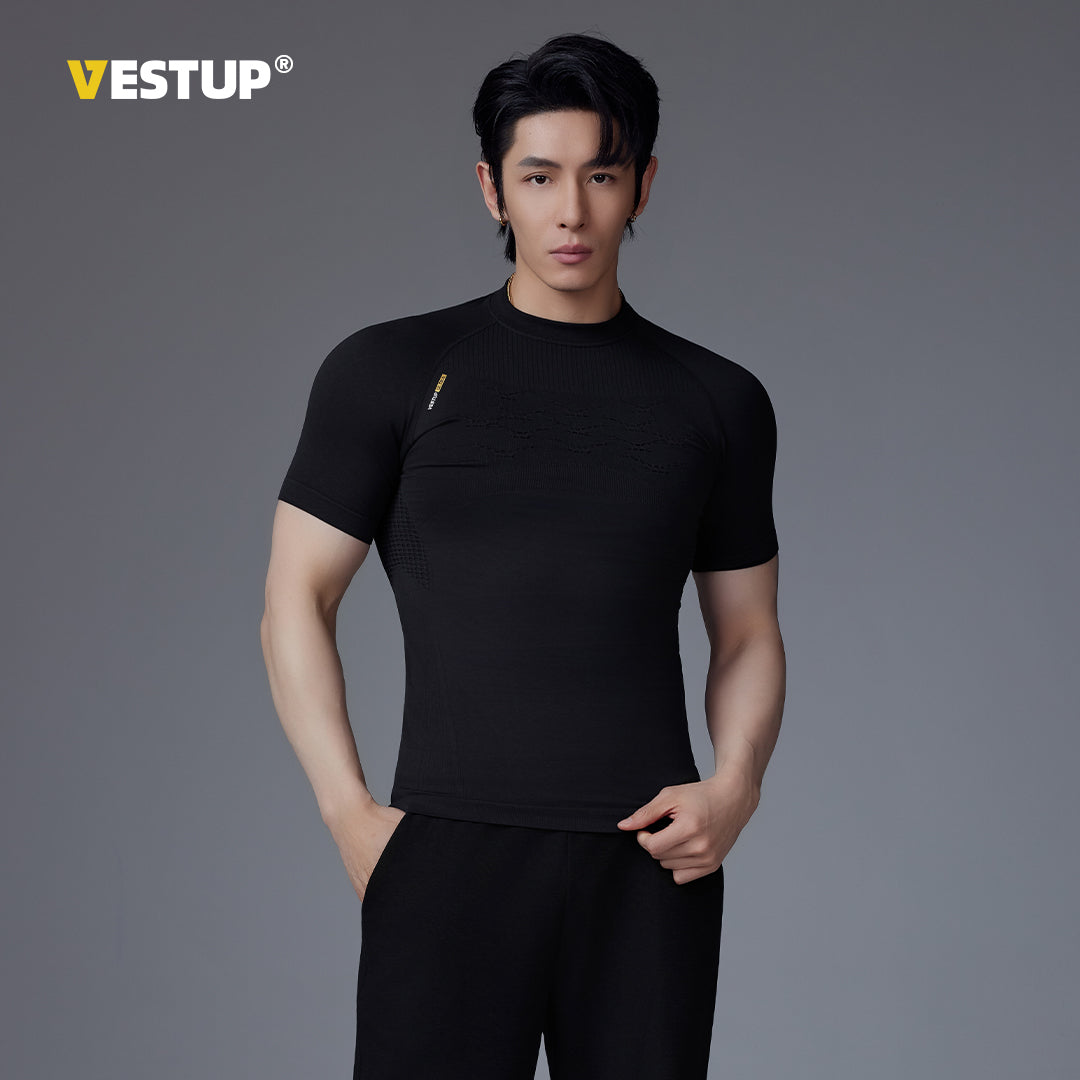 Vest Up seamless fitness T-shirt for men's summer, lightweight, breathable, round neck, elastic training, tight fitting short sleeved top